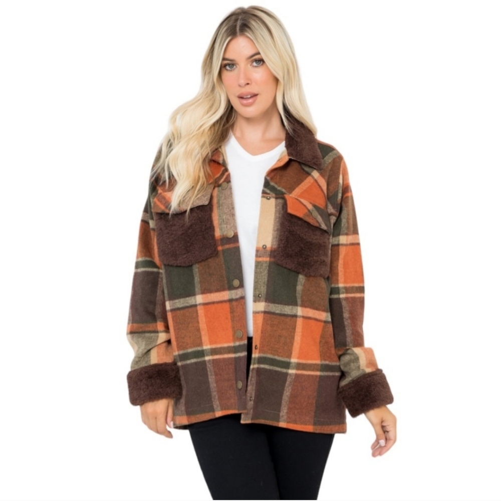 Rust plaid sherpa  collar lined shackrt